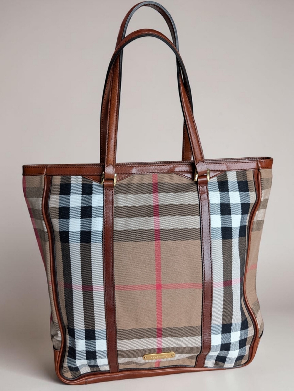 Burberry House Check Canvas & Brown Leather Tote Bag